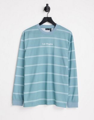 ASOS DESIGN relaxed stripe long sleeve t-shirt in blue with front text embroidery
