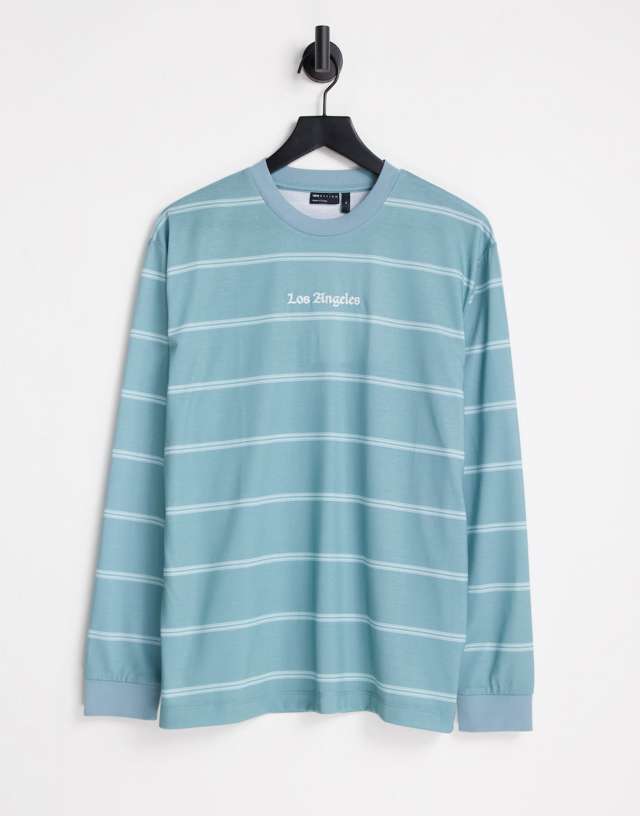 ASOS DESIGN relaxed stripe long sleeve t-shirt in blue with front text embroidery