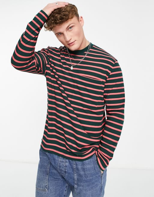 ASOS DESIGN relaxed stripe long sleeve T-shirt in green and pink