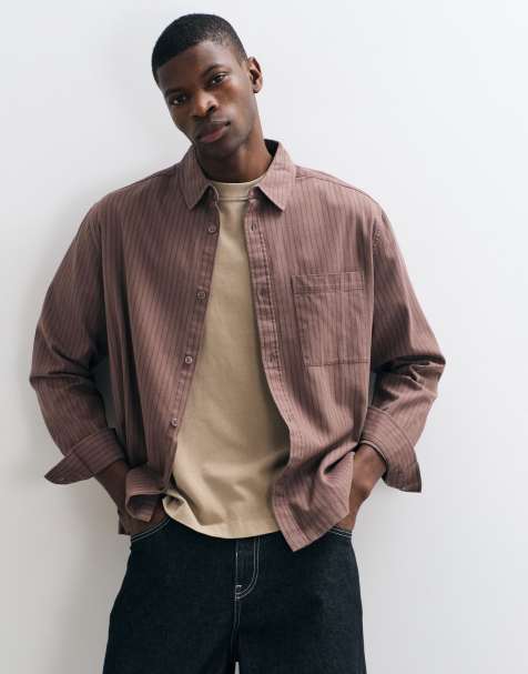 ASOS DESIGN relaxed stripe shirt in brown - view 1