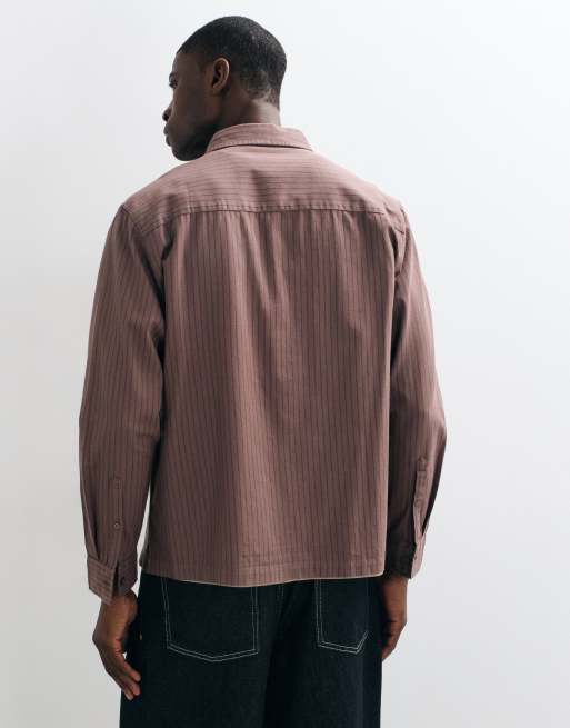 ASOS DESIGN relaxed stripe shirt in brown, 2 of 5