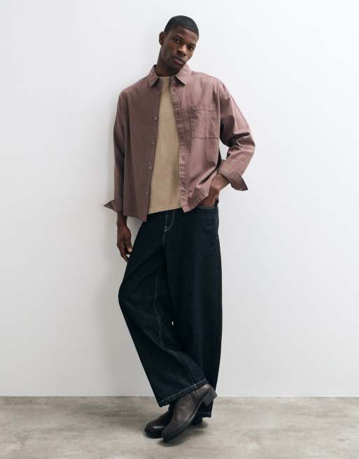 ASOS DESIGN relaxed stripe shirt in brown, 3 of 5