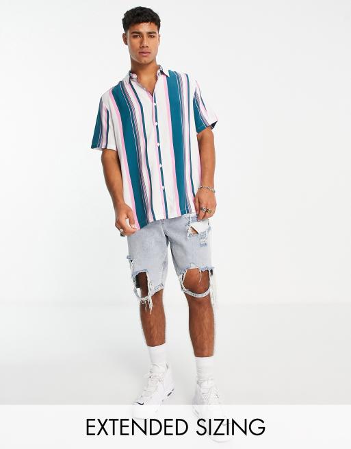 ASOS DESIGN relaxed stripe shirt in white & teal | ASOS