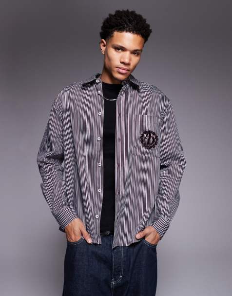 ASOS DESIGN relaxed stripe shirt with chest embroidery in burgundy