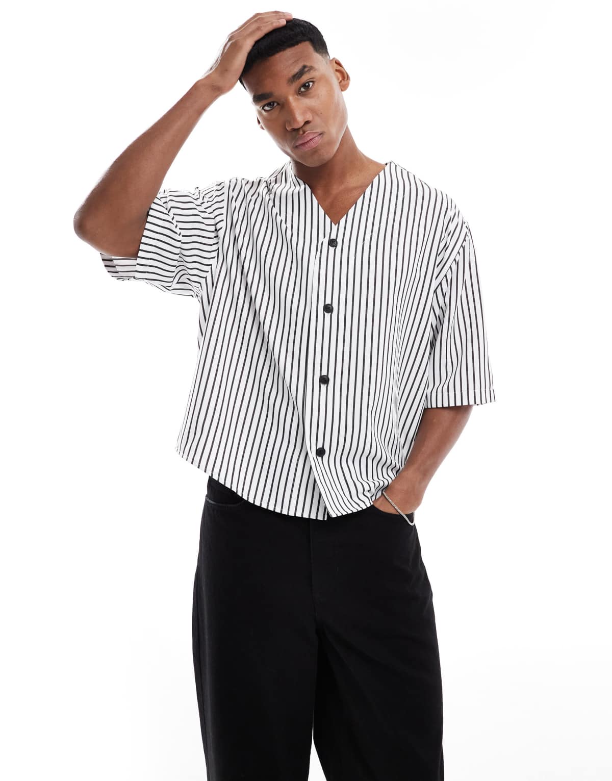ASOS DESIGN relaxed stripe shirt with half sleeve in black