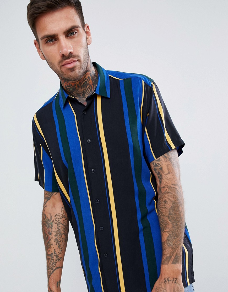 ASOS DESIGN relaxed stripe shirt with square collar-Blue
