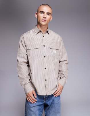Asos Design Relaxed Stripe Shirt With Workwear Badge Detail In Brown