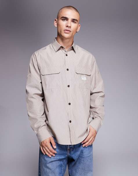 ASOS DESIGN relaxed stripe shirt with workwear badge detail in brown stripe - view 1