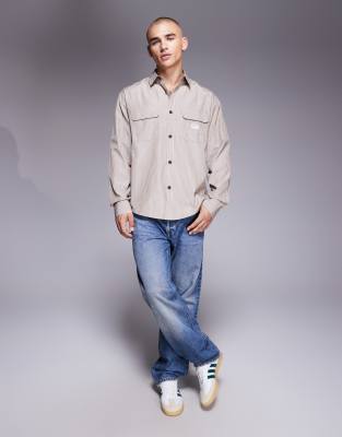 Asos Design Relaxed Stripe Shirt With Workwear Badge Detail In Brown