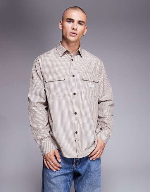 ASOS DESIGN relaxed stripe shirt with workwear badge detail in brown