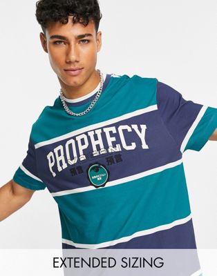 ASOS DESIGN relaxed stripe t-shirt in blue & green with front varsity print