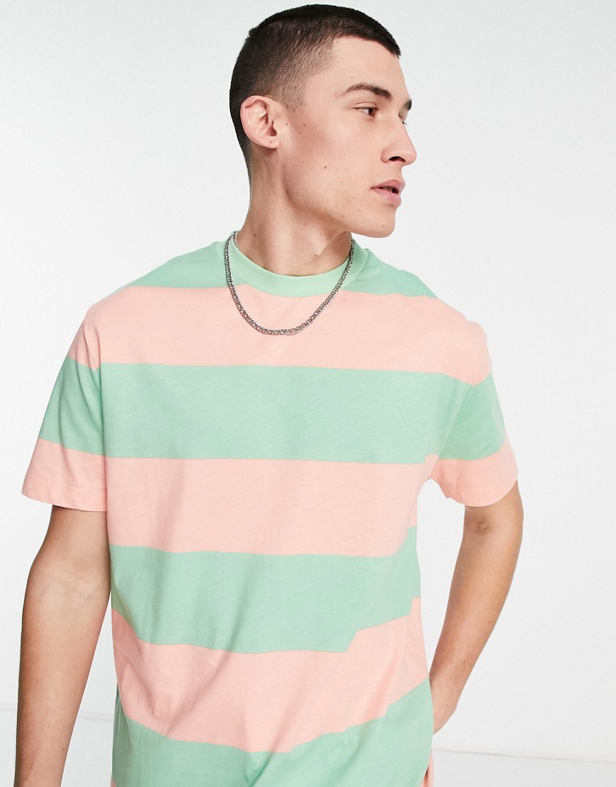 ASOS DESIGN relaxed stripe T-shirt in green & pink color block