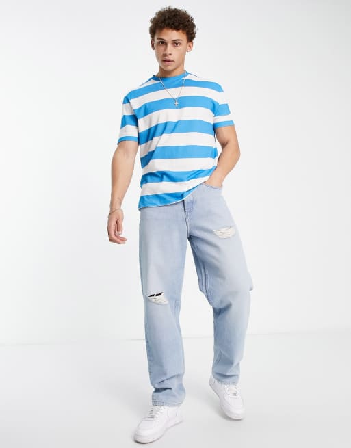 ASOS DESIGN relaxed stripe t-shirt in light blue & white