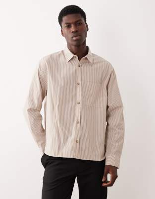 Asos Design Relaxed Striped Shirt With Split Hem In Neutral