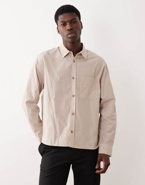 ASOS DESIGN relaxed striped shirt with split hem in beige - view 1