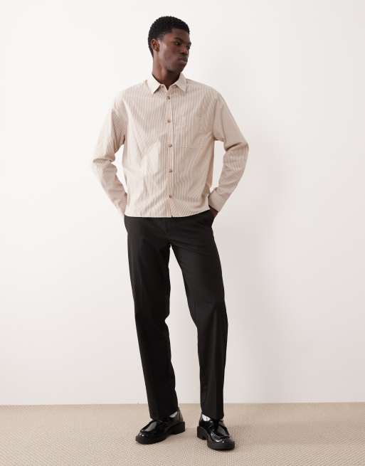 ASOS DESIGN relaxed striped shirt with split hem in beige, 2 of 5