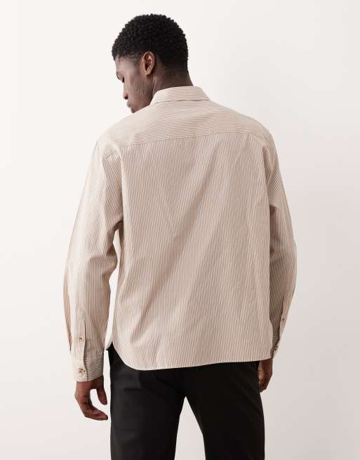 ASOS DESIGN relaxed striped shirt with split hem in beige, 3 of 5