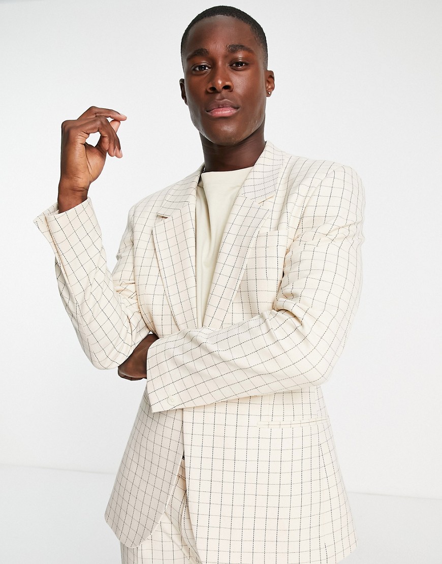 ASOS DESIGN relaxed suit jacket in beige grid check-Neutral