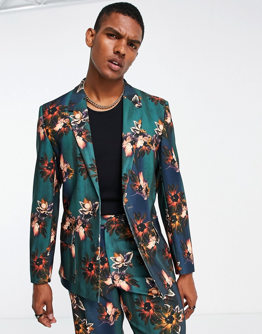 ASOS DESIGN relaxed suit jacket in floral print-Brown