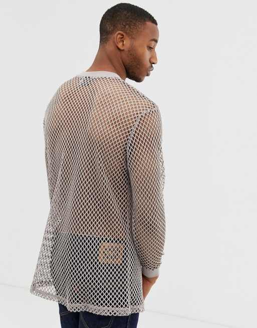 ASOS DESIGN relaxed super longline long sleeve t-shirt in open string mesh  in gray