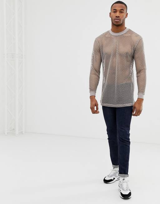 ASOS DESIGN relaxed super longline long sleeve t-shirt in open string mesh  in grey