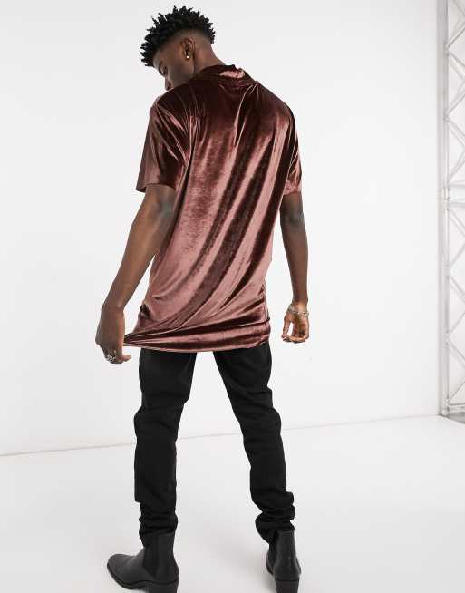 ASOS DESIGN relaxed super longline T-shirt with funnel neck in brown velour, 2 of 4