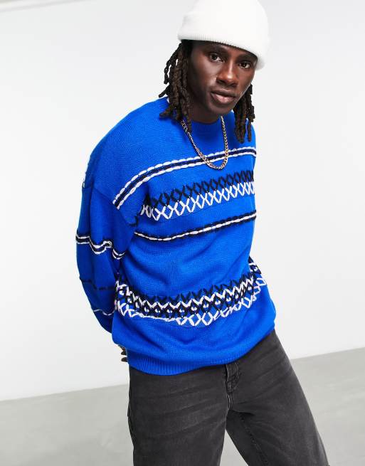 ASOS DESIGN relaxed sweater with hand stitching in blue ASOS