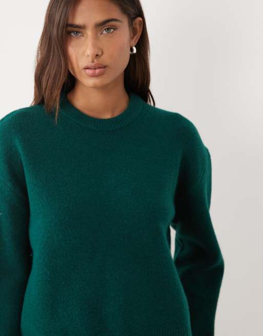 ASOS DESIGN relaxed sweater with side slit detail in dark green, 3 of 4