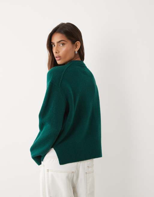ASOS DESIGN relaxed sweater with side slit detail in dark green, 4 of 4