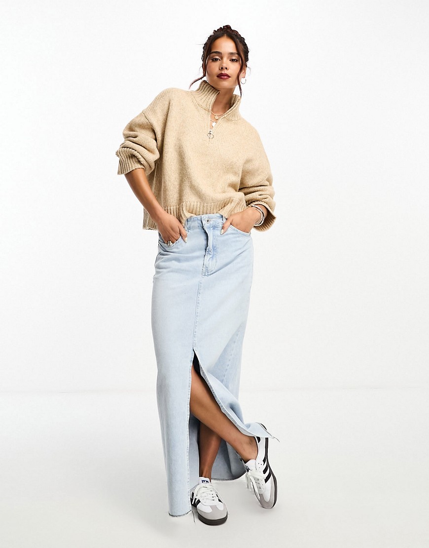 Asos Design Relaxed Sweater With Zip Collar In Camel-neutral