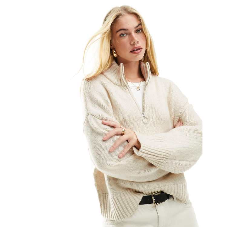 ASOS DESIGN relaxed sweater with zip collar in cream