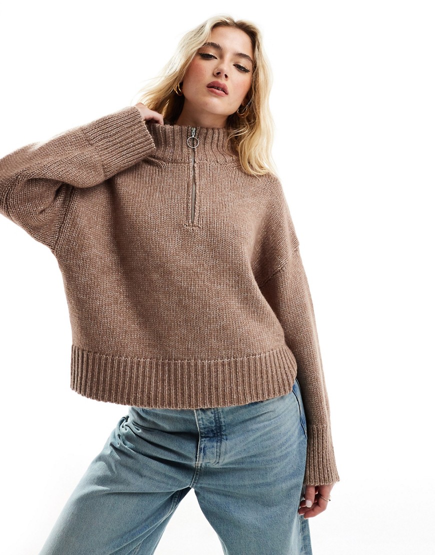 Asos Design Relaxed Sweater With Zip Collar In Mocha-brown