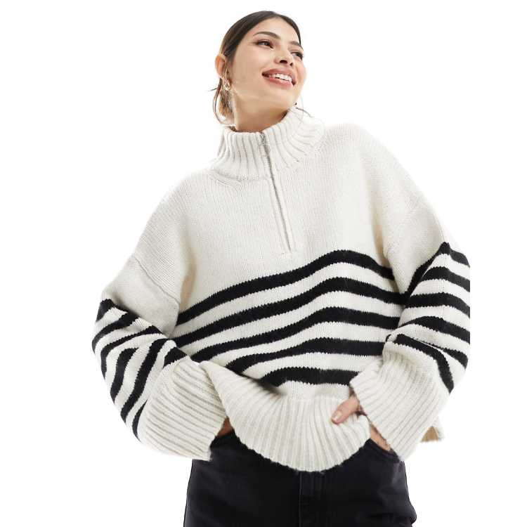 ASOS DESIGN relaxed sweater with zip collar in mono stripe