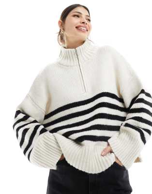 ASOS DESIGN relaxed sweater with zip collar in mono stripe