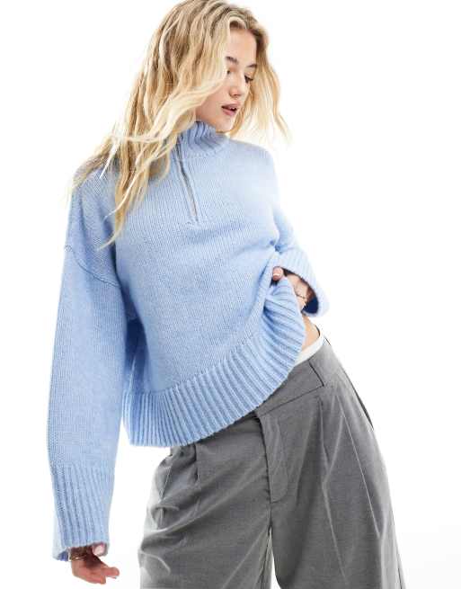 ASOS DESIGN relaxed sweater with zip collar in pastel blue