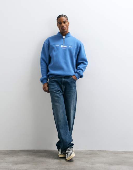 ASOS DESIGN relaxed sweatshirt met halve rits en print in blauw polyesterkatoen, 2 van 5