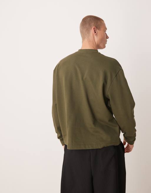 ASOS DESIGN relaxed sweatshirt with button-up collar in khaki, 2 of 4