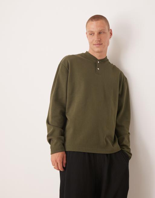 ASOS DESIGN relaxed sweatshirt with button-up collar in khaki, 4 of 4