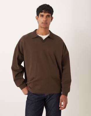 Asos Design Relaxed Sweatshirt With Camp Collar In Brown