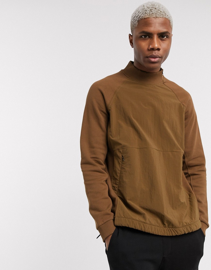 ASOS DESIGN relaxed sweatshirt with nylon front panels & turtle neck in brown