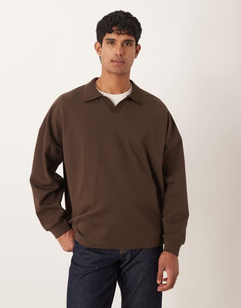 ASOS DESIGN relaxed sweatshirt with revere collar in brown - view 1