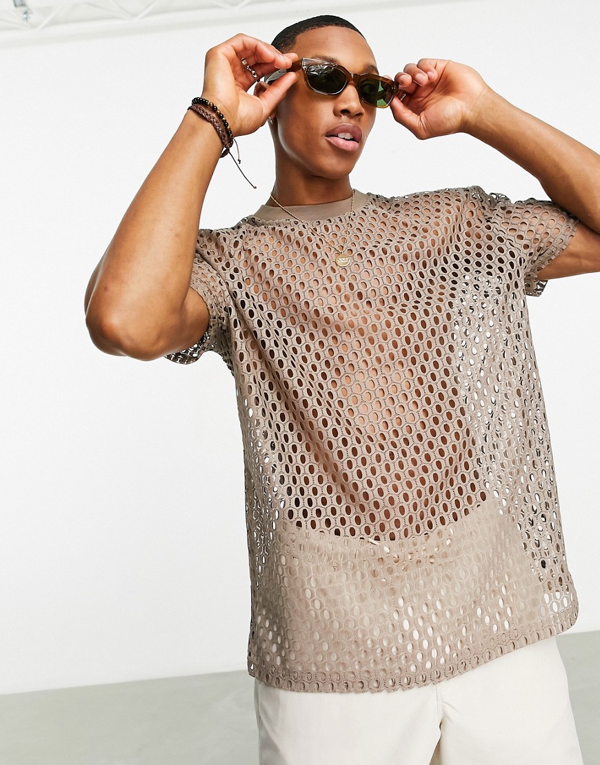 ASOS DESIGN relaxed t-shirt in beige crochet fabric-Neutral