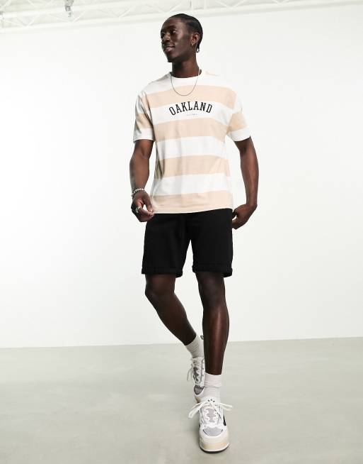 ASOS DESIGN relaxed t-shirt in beige stripe and city print | ASOS