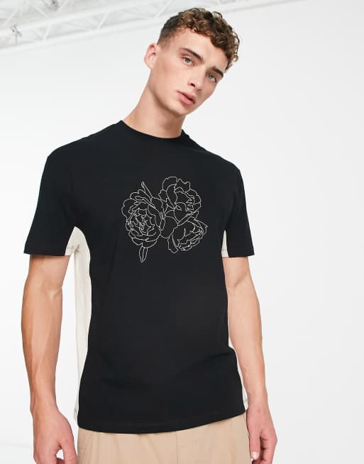 ASOS DESIGN relaxed t-shirt in black and off white colour block with spliced prints