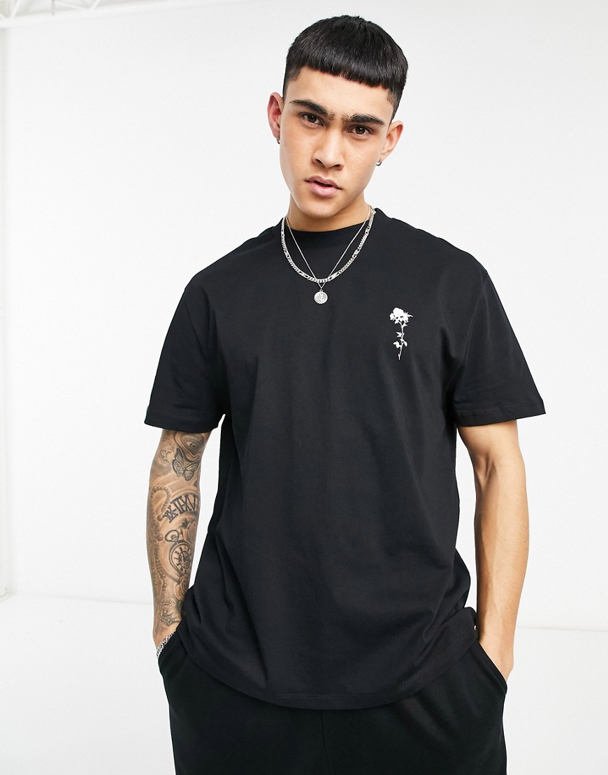 Asos Design Relaxed T-shirt In Black With Rose Chest Print