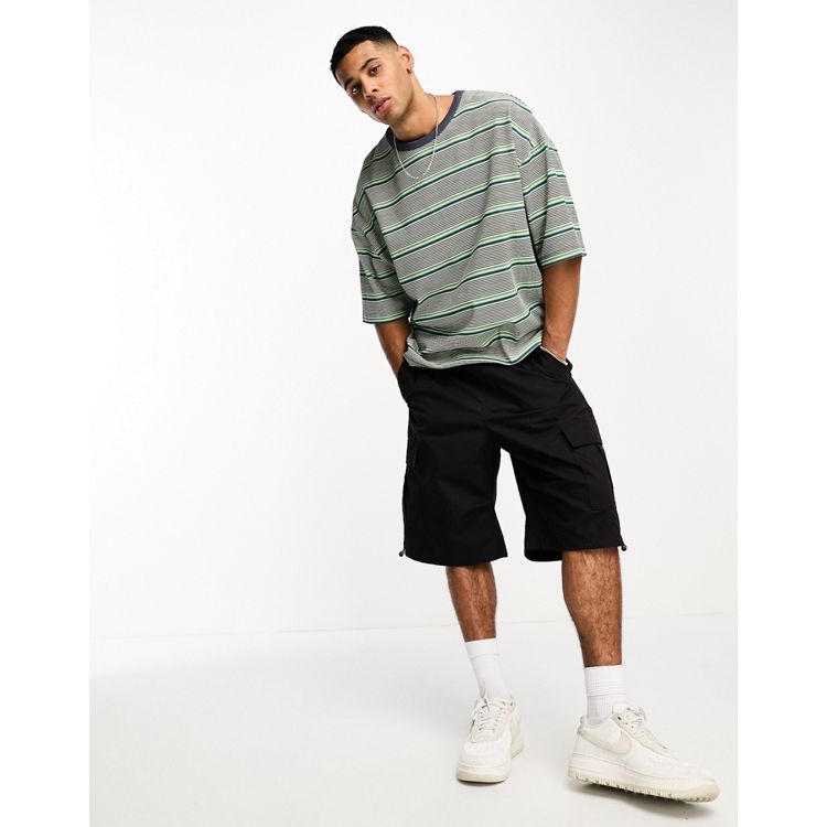 ASOS DESIGN relaxed t-shirt in blue and green vertical stripe in waffle  texture