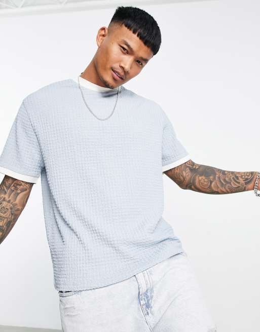 ASOS DESIGN relaxed T-shirt in blue texture with contrast neck and cuffs