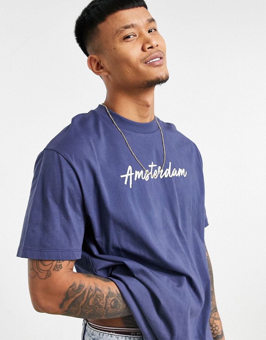 ASOS DESIGN relaxed t-shirt in blue with Amsterdam city script print-Blues