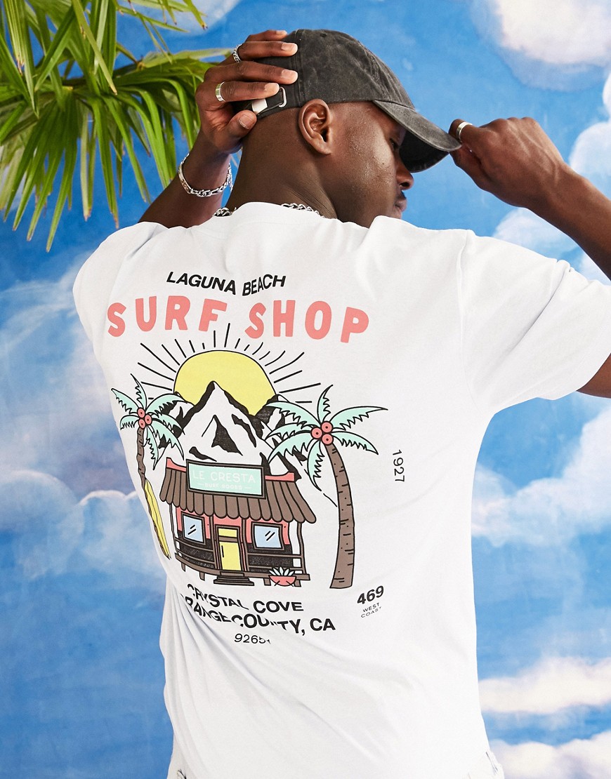 ASOS DESIGN relaxed T-shirt in blue with cartoon surf back & chest print