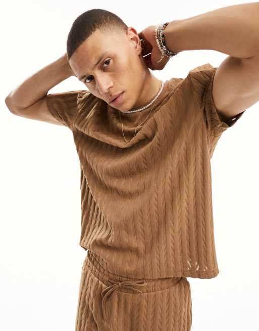 ASOS DESIGN relaxed t-shirt in brown textured stripe - part of a set